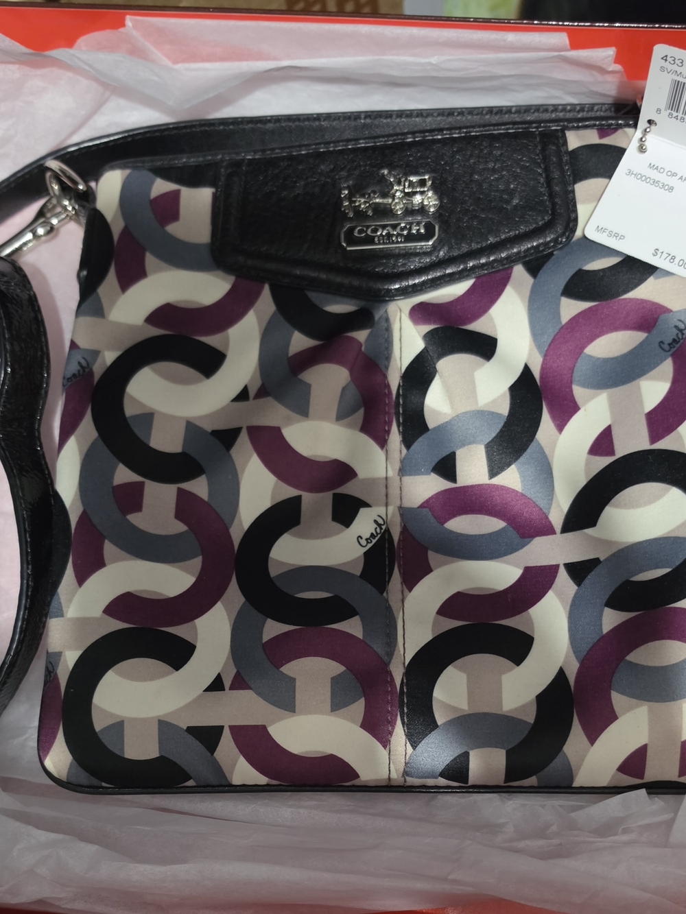 Coach Chain-Print Shoulder Bag in Black, Purple and Gray